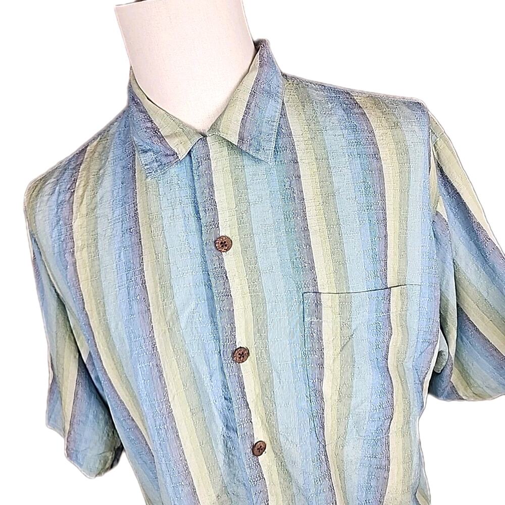 Tommy Bahama Mens Silk Button Up Shirt Size Medium Hawiian Blue Stripe